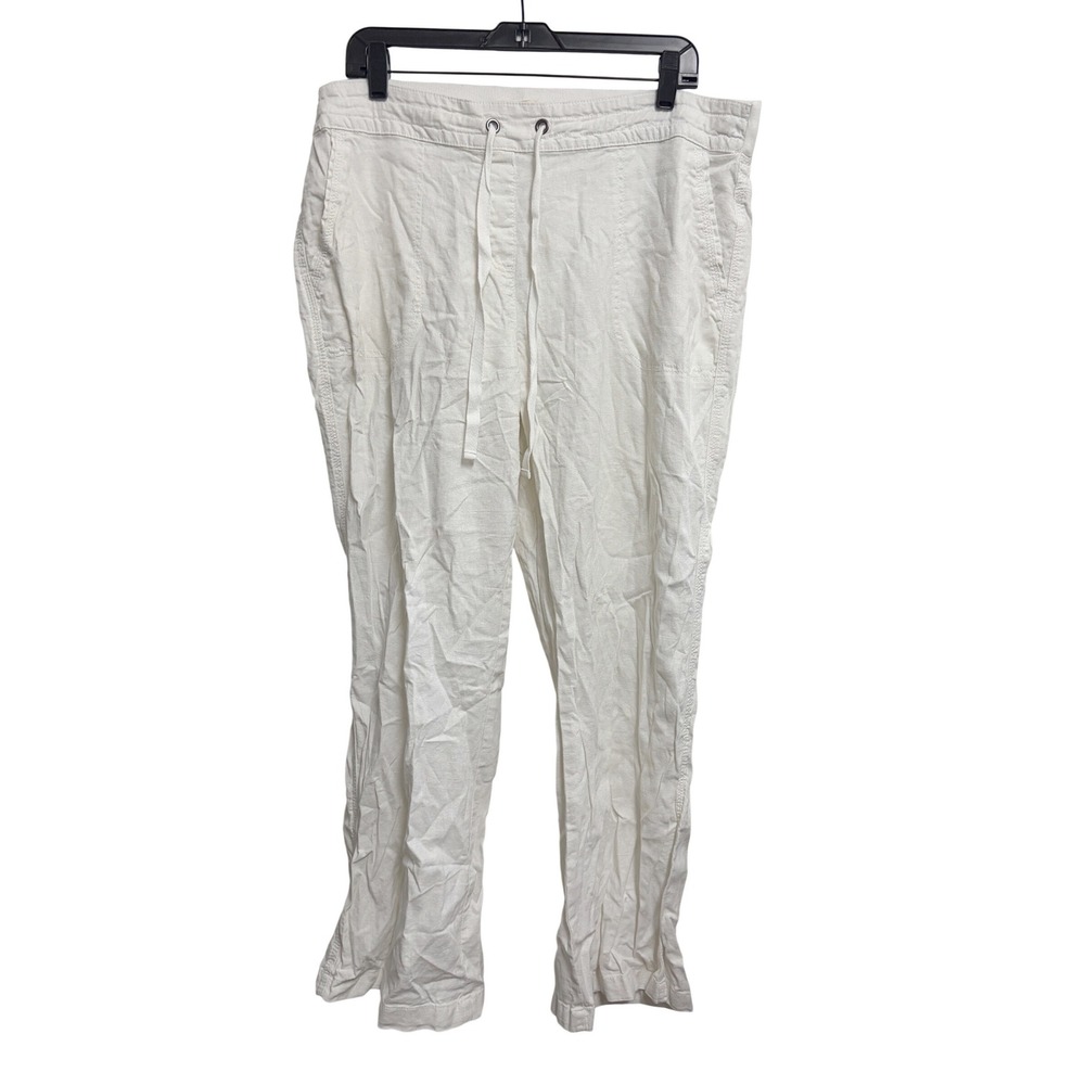 Per Se Linen Blend Drawstring White Pants White Casual Mid Rise 1X